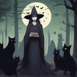 A dark and mysterious scene featuring a witch surrounded by stray cats