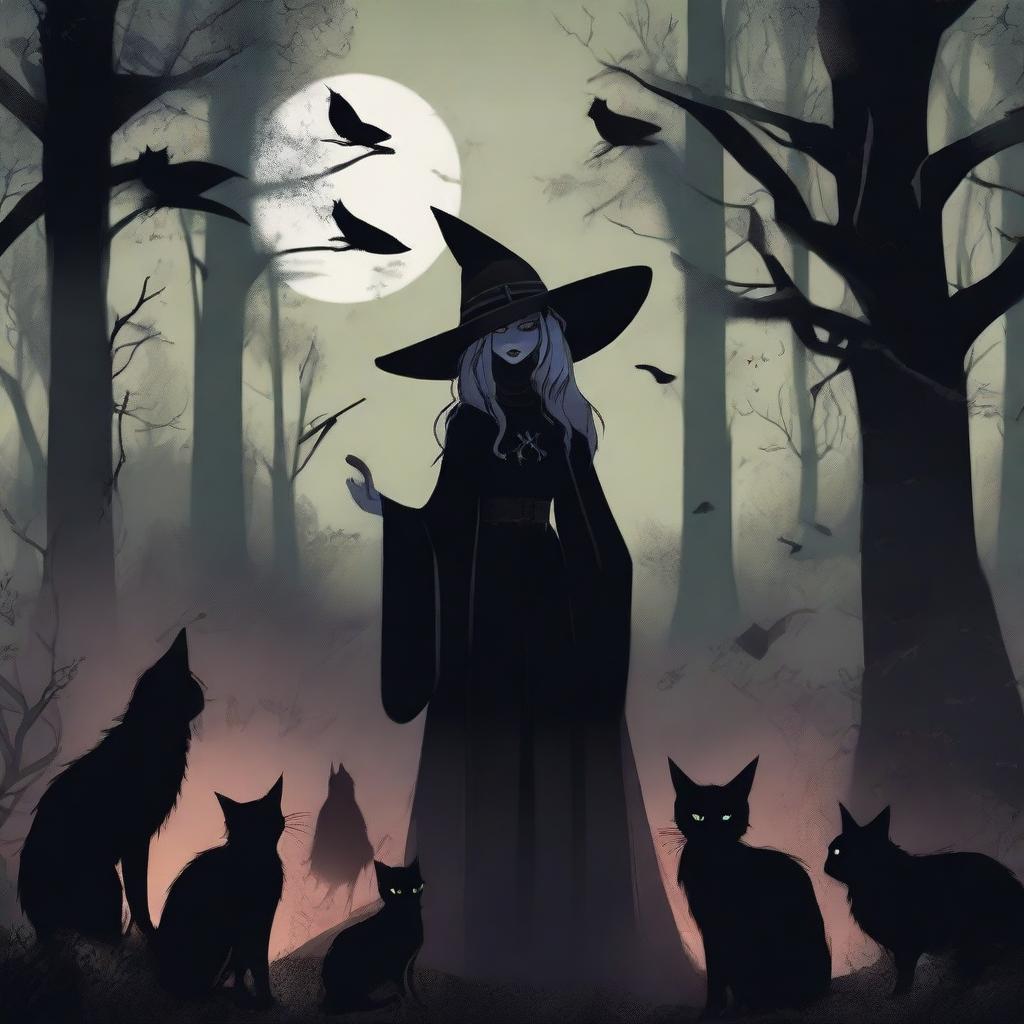 A dark and mysterious scene featuring a witch surrounded by stray cats