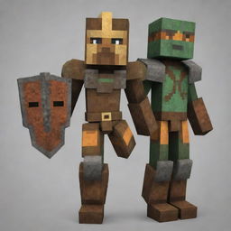 Create a warrior Minecraft skin with strong armor, a fierce helmet and a brave expression. The color scheme should use earthy, metallic tones with details of scratches and worn patinas.