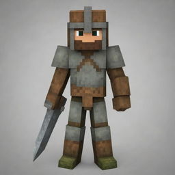 Create a warrior Minecraft skin with strong armor, a fierce helmet and a brave expression. The color scheme should use earthy, metallic tones with details of scratches and worn patinas.