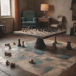 A retro sci-fi post-battle scene with a destroyed chess board, shattered pieces in the center, all cast in a vintage tint conveying a nostalgic, vibrant past. Accents of a homely space hint at a history of habitation.