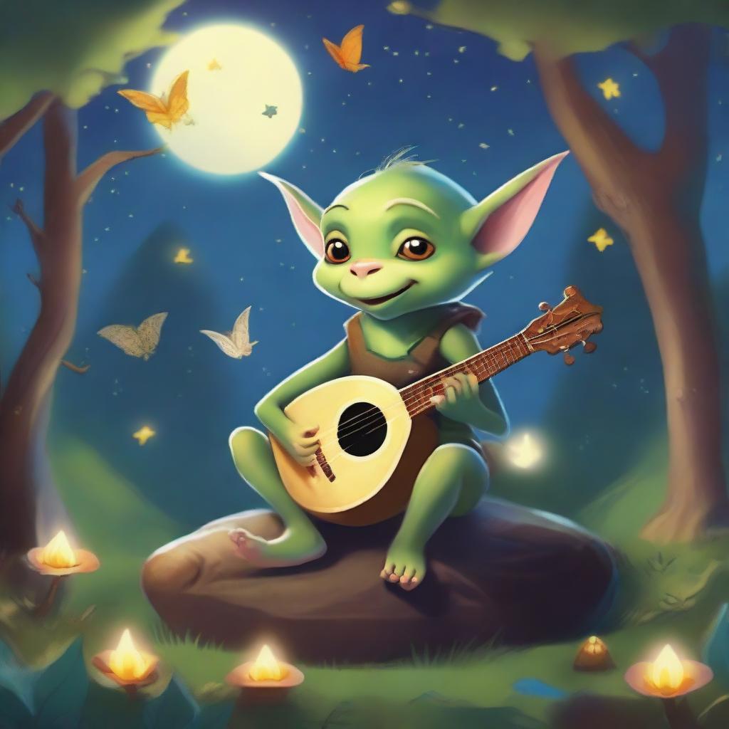 A whimsical goblin bard playing a lute in a mystical forest