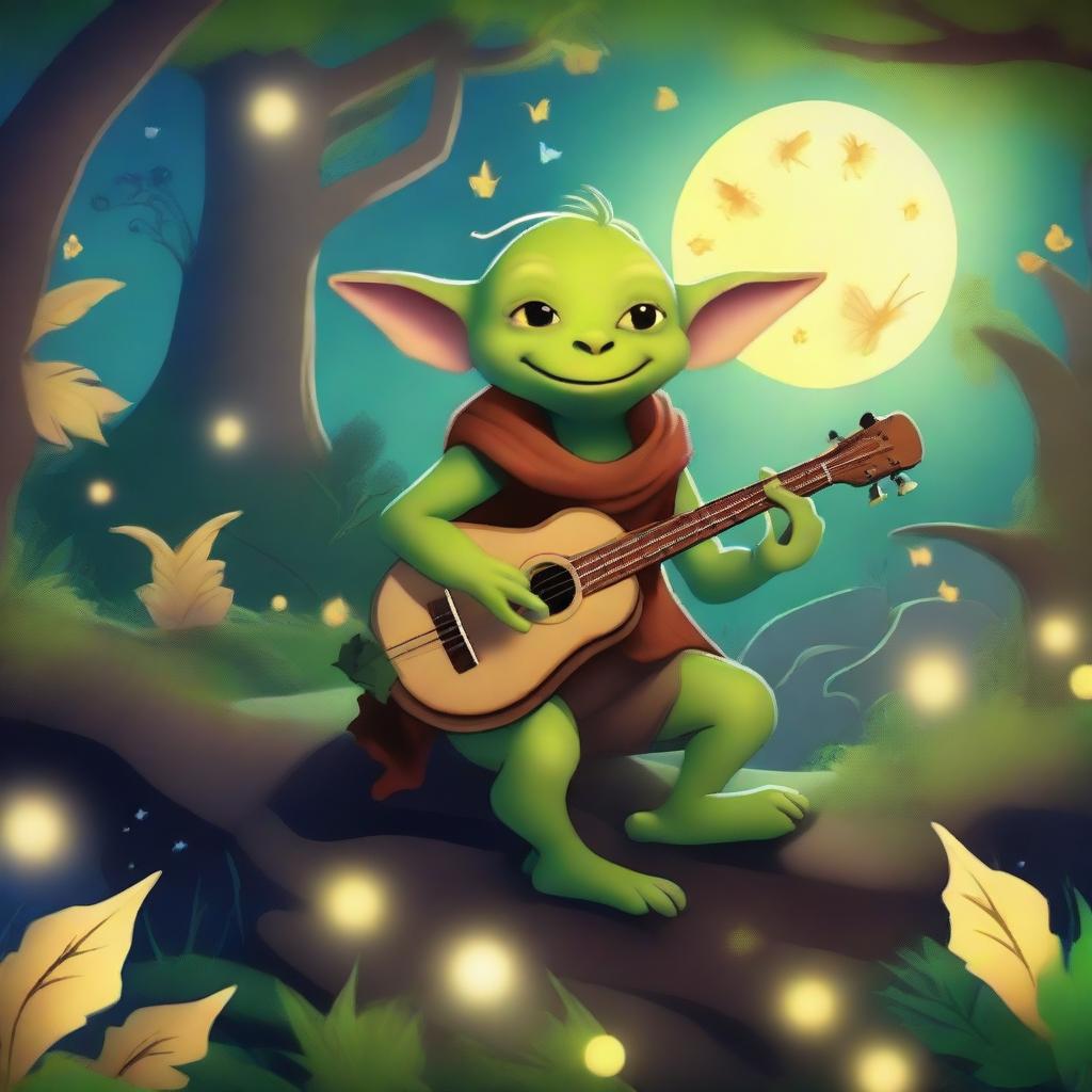 A whimsical goblin bard playing a lute in a mystical forest