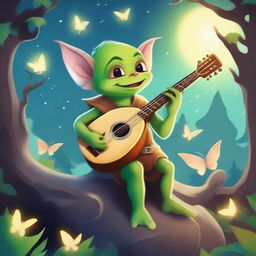 A whimsical goblin bard playing a lute in a mystical forest