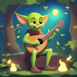 A whimsical goblin bard playing a lute in a mystical forest