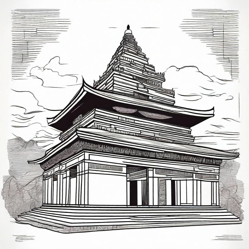 Create a hand-drawn illustration of the Malinithan Temple, a historic monument in Arunachal Pradesh, India