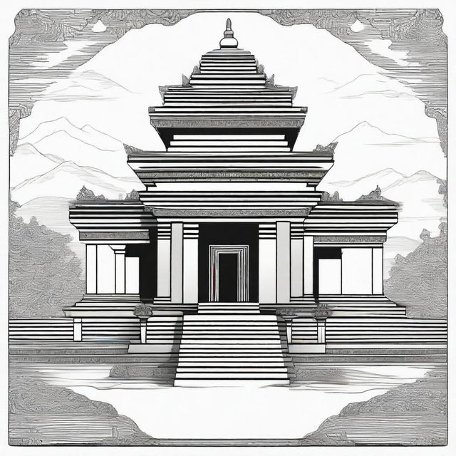 Create a hand-drawn illustration of the Malinithan Temple, a historic monument in Arunachal Pradesh, India