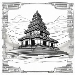 Create a hand-drawn illustration of the Malinithan Temple, a historic monument in Arunachal Pradesh, India