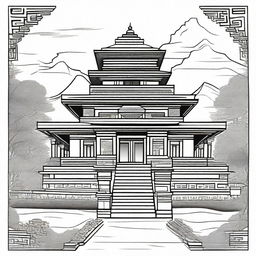 Create a hand-drawn illustration of the Malinithan Temple, a historic monument in Arunachal Pradesh, India