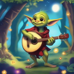 A goblin bard character for Dungeons & Dragons, playing a lute with a mischievous grin