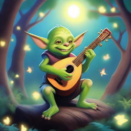 A goblin bard character for Dungeons & Dragons, playing a lute with a mischievous grin