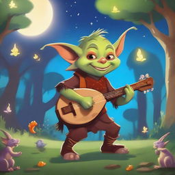 A goblin bard character for Dungeons & Dragons, playing a lute with a mischievous grin