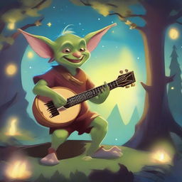 A goblin bard character for Dungeons & Dragons, playing a lute with a mischievous grin