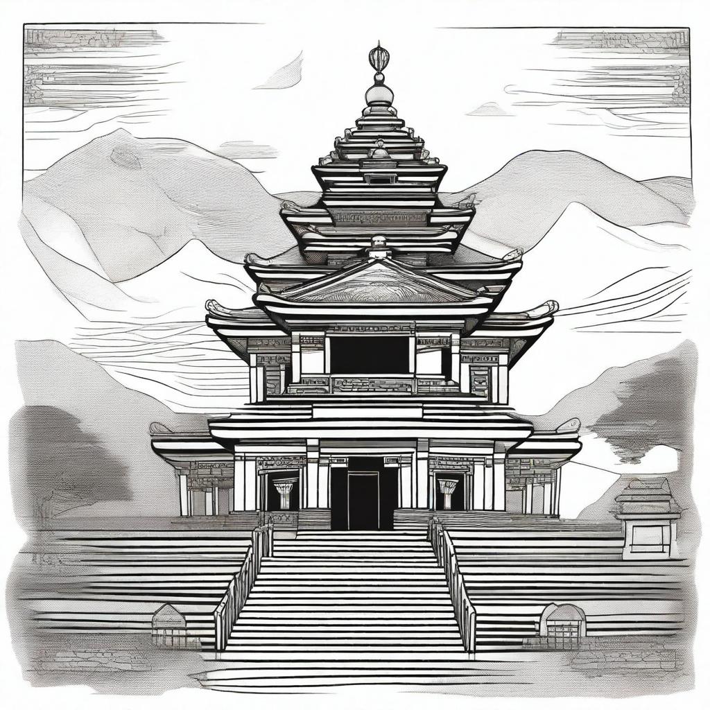 Create a hand-drawn illustration of the Malinithan Temple, a historic monument in Arunachal Pradesh, India