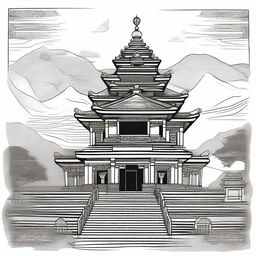 Create a hand-drawn illustration of the Malinithan Temple, a historic monument in Arunachal Pradesh, India