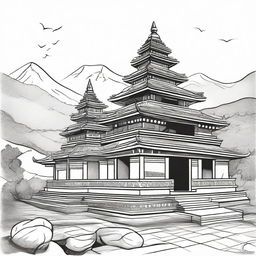 Create a hand-drawn illustration of the Malinithan Temple, a historic monument in Arunachal Pradesh, India