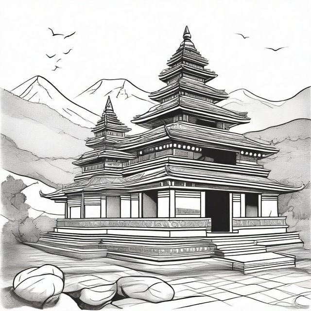 Create a hand-drawn illustration of the Malinithan Temple, a historic monument in Arunachal Pradesh, India