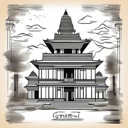 Create a hand-drawn illustration of the Malinithan Temple, a historic monument in Arunachal Pradesh, India