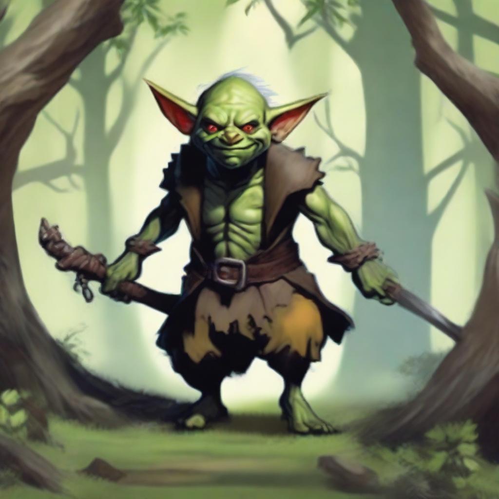 Un goblin bardo atemorizante para un personaje de Dungeons & Dragons, tocando un laúd con una sonrisa siniestra