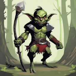 Un goblin bardo atemorizante para un personaje de Dungeons & Dragons, tocando un laúd con una sonrisa siniestra