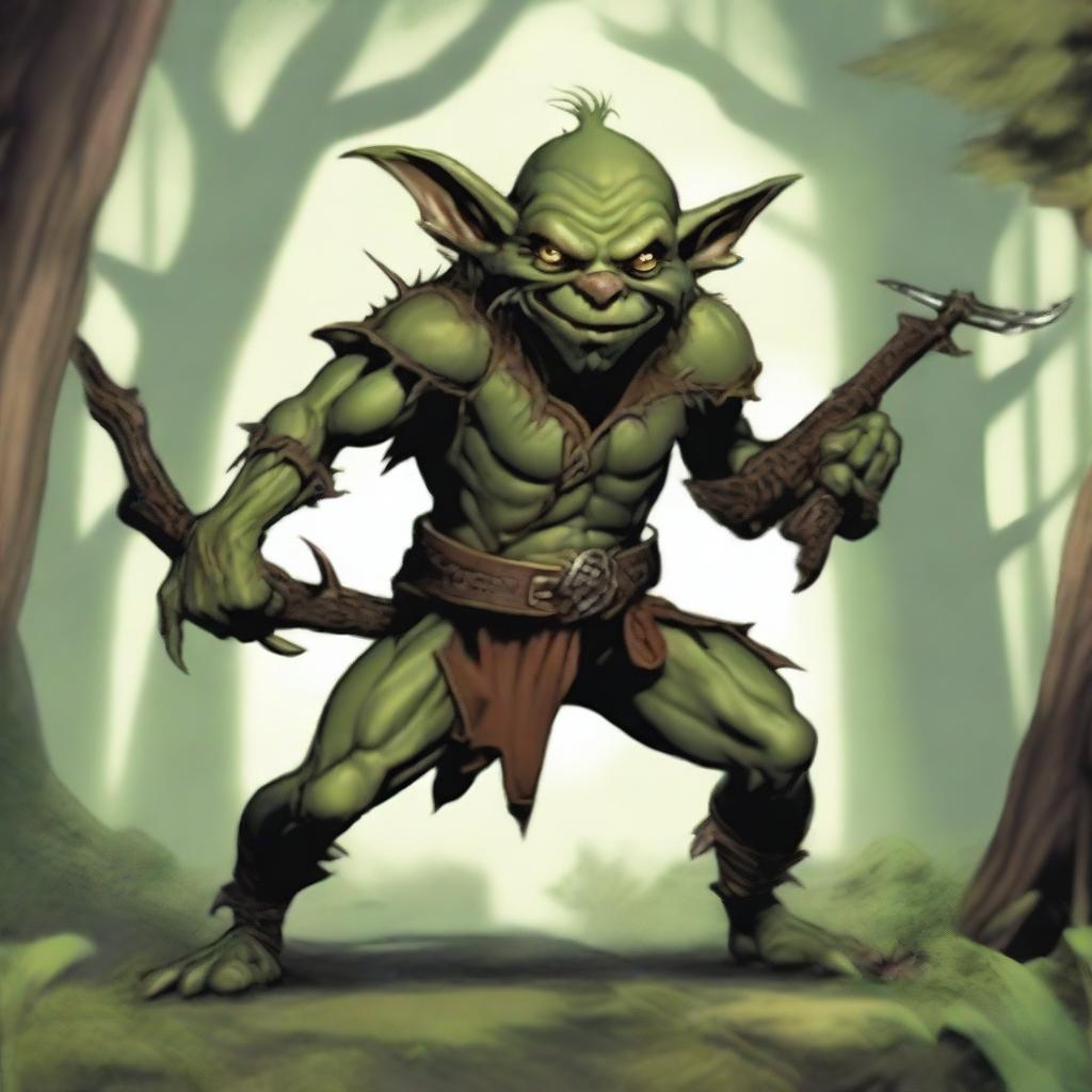 Un goblin bardo atemorizante para un personaje de Dungeons & Dragons, tocando un laúd con una sonrisa siniestra