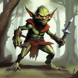 Un goblin bardo atemorizante para un personaje de Dungeons & Dragons, tocando un laúd con una sonrisa siniestra