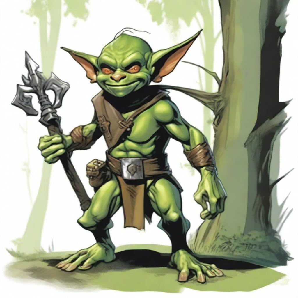 Un goblin bardo para un personaje de Dungeons & Dragons, tocando un laúd con una sonrisa siniestra