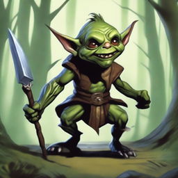 Un goblin bardo para un personaje de Dungeons & Dragons, tocando un laúd con una sonrisa siniestra