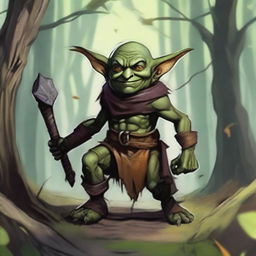 Un goblin bardo para un personaje de Dungeons & Dragons, tocando un laúd con una sonrisa siniestra