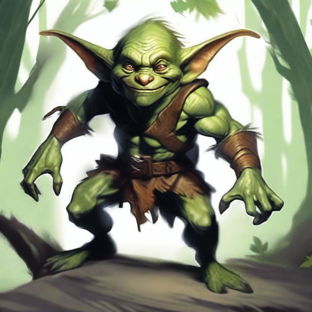 Un goblin bardo para un personaje de Dungeons & Dragons, tocando un laúd con una sonrisa siniestra