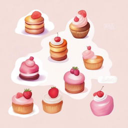 A beautiful and delicious dessert display featuring cakes, pastries, and cookies, painted in a delicate watercolor style