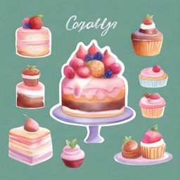 A beautiful and delicious dessert display featuring cakes, pastries, and cookies, painted in a delicate watercolor style