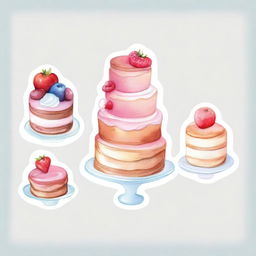 A beautiful and delicious dessert display featuring cakes, pastries, and cookies, painted in a delicate watercolor style