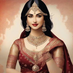 Create an image of a beautiful Indian woman, showcasing her elegance and traditional attire