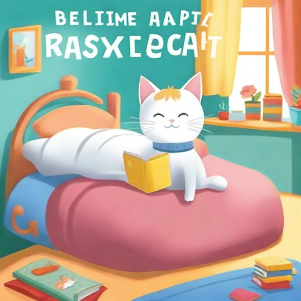 Create a children's book cover titled 'Bedtime Story for a Rescue Cat'