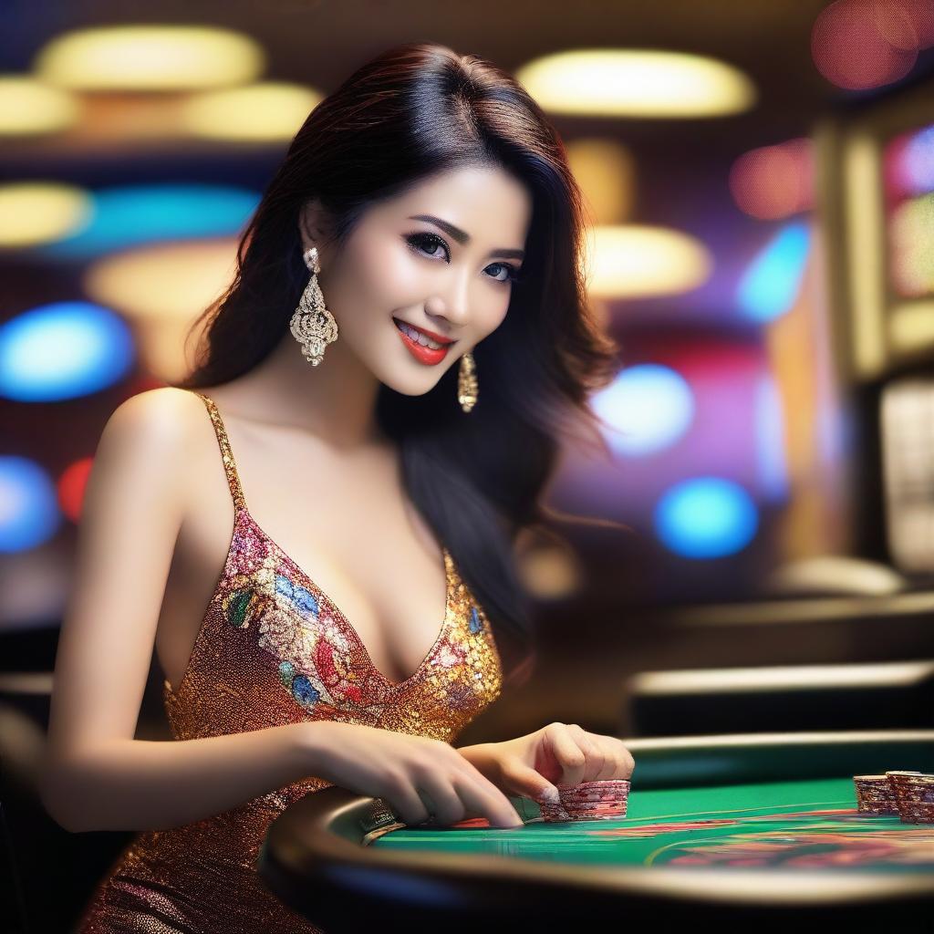 Create an image of a sexy Thai woman playing at a casino