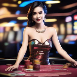 Create an image of a sexy Thai woman playing at a casino