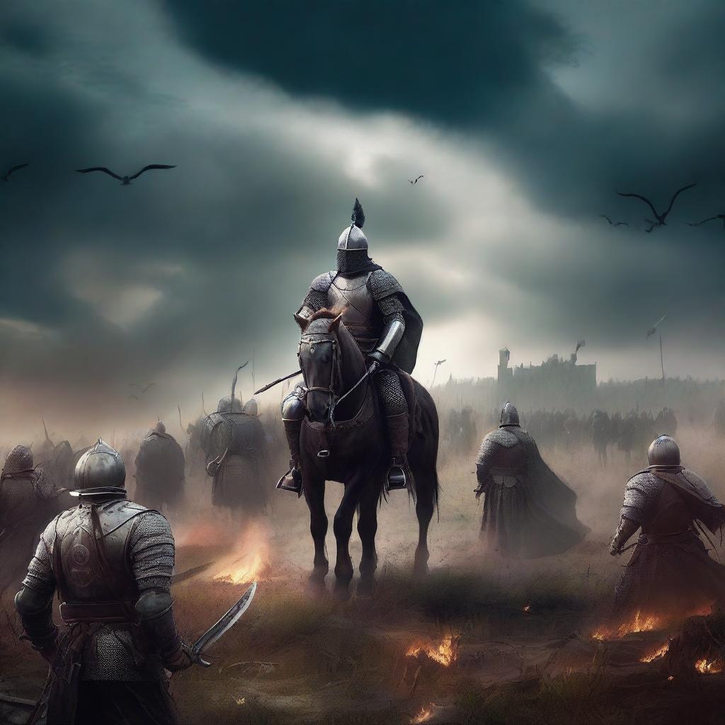 A dramatic war fantasy background featuring a battlefield with soldiers in medieval armor, mythical creatures, and a dark, stormy sky