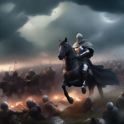 A dramatic war fantasy background featuring a battlefield with soldiers in medieval armor, mythical creatures, and a dark, stormy sky