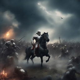 A dramatic war fantasy background featuring a battlefield with soldiers in medieval armor, mythical creatures, and a dark, stormy sky