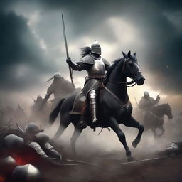 A dramatic war fantasy background featuring a battlefield with soldiers in medieval armor, mythical creatures, and a dark, stormy sky