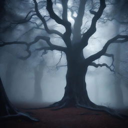 A dark fantasy background featuring a mystical forest with twisted trees, eerie fog, and glowing magical elements