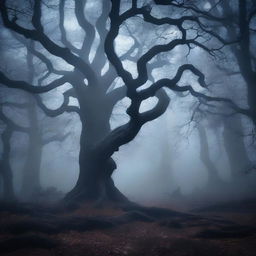 A dark fantasy background featuring a mystical forest with twisted trees, eerie fog, and glowing magical elements