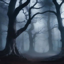 A dark fantasy background featuring a mystical forest with twisted trees, eerie fog, and glowing magical elements