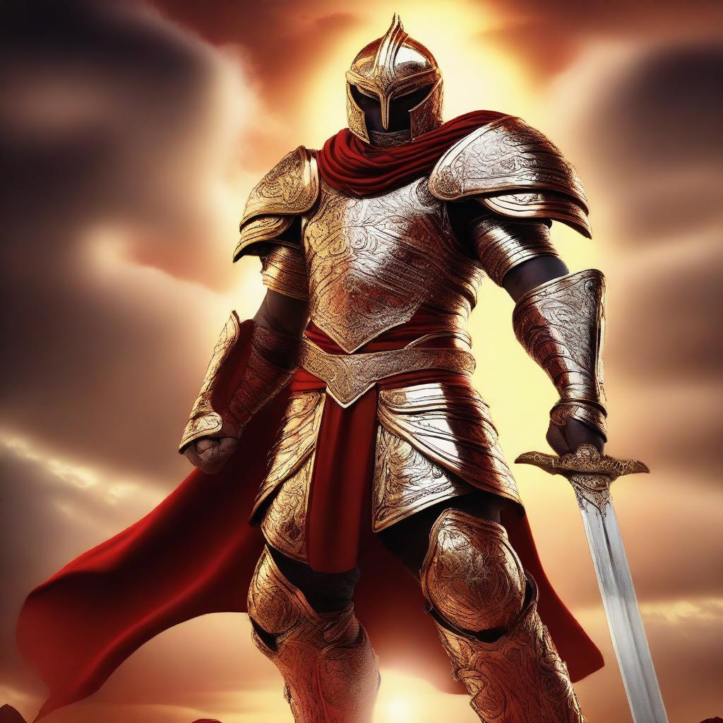 A powerful warrior adorned in red and golden armor, standing in a heroic pose