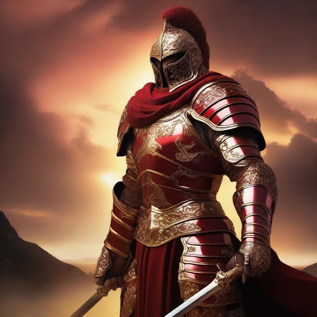 A powerful warrior adorned in red and golden armor, standing in a heroic pose