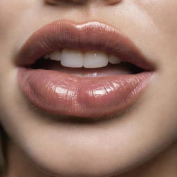 A close-up of natural-colored lips in a biting action, highlighting the texture and color of the lips.