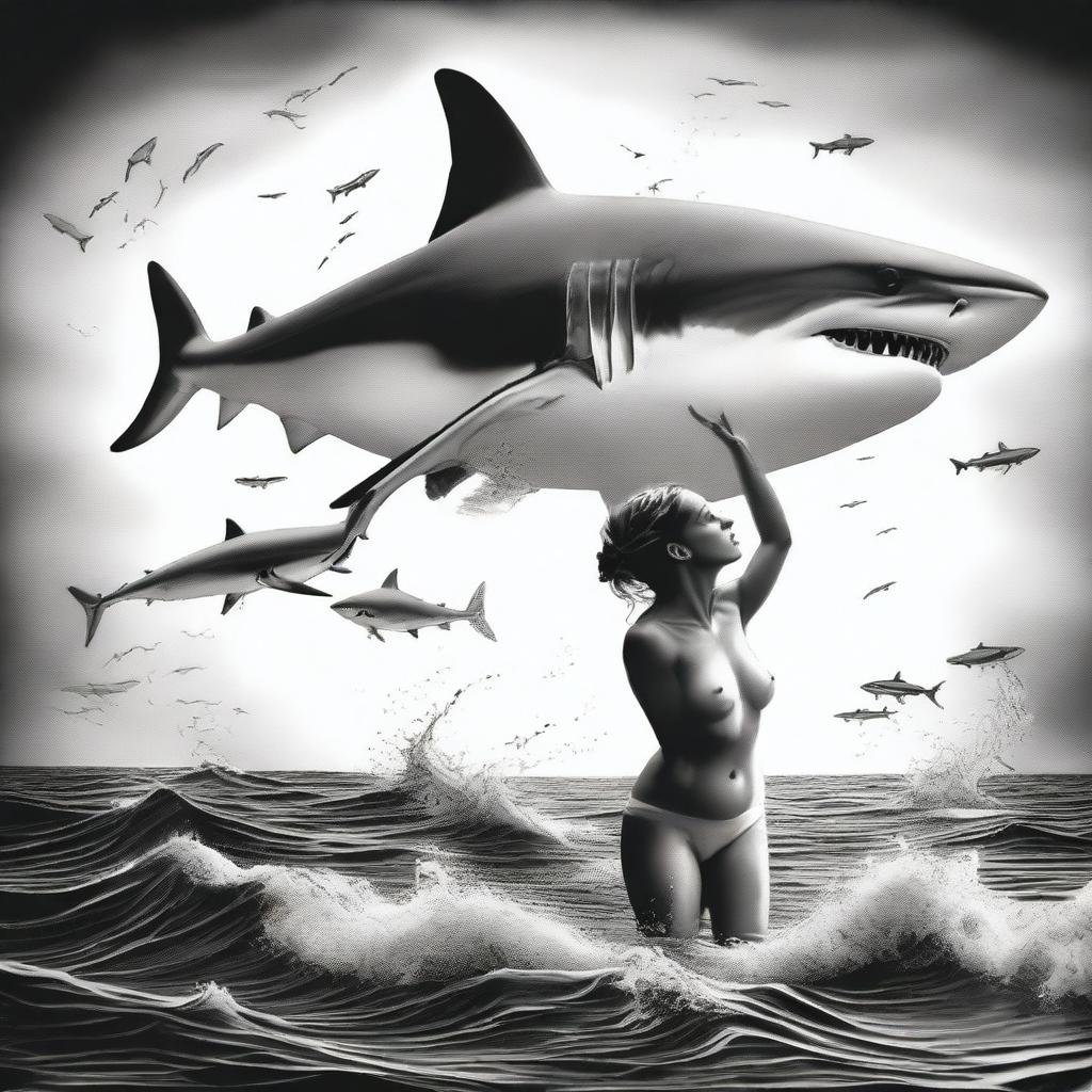 A realistic black and white image depicting a woman in the process of transforming into a shark