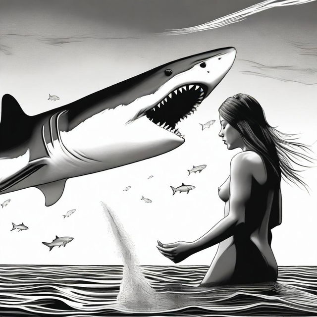 A realistic black and white image depicting a woman in the process of transforming into a shark