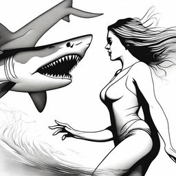 A realistic black and white image depicting a woman in the process of transforming into a shark